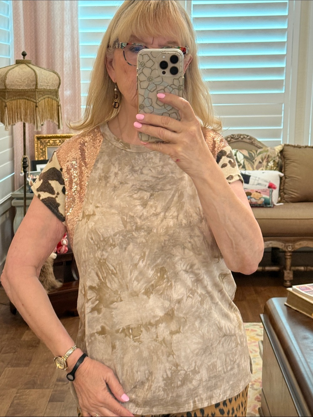 Neutral Tie-Dye cap Sleeve Women's Top with Sequin Detail
